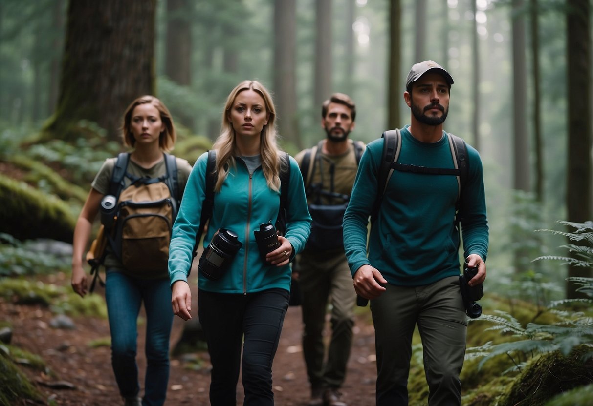 A group of hikers walks together through a dense forest, carrying bear-proof containers and making noise to alert any nearby bears of their presence. They stay close and keep an eye out for any signs of wildlife