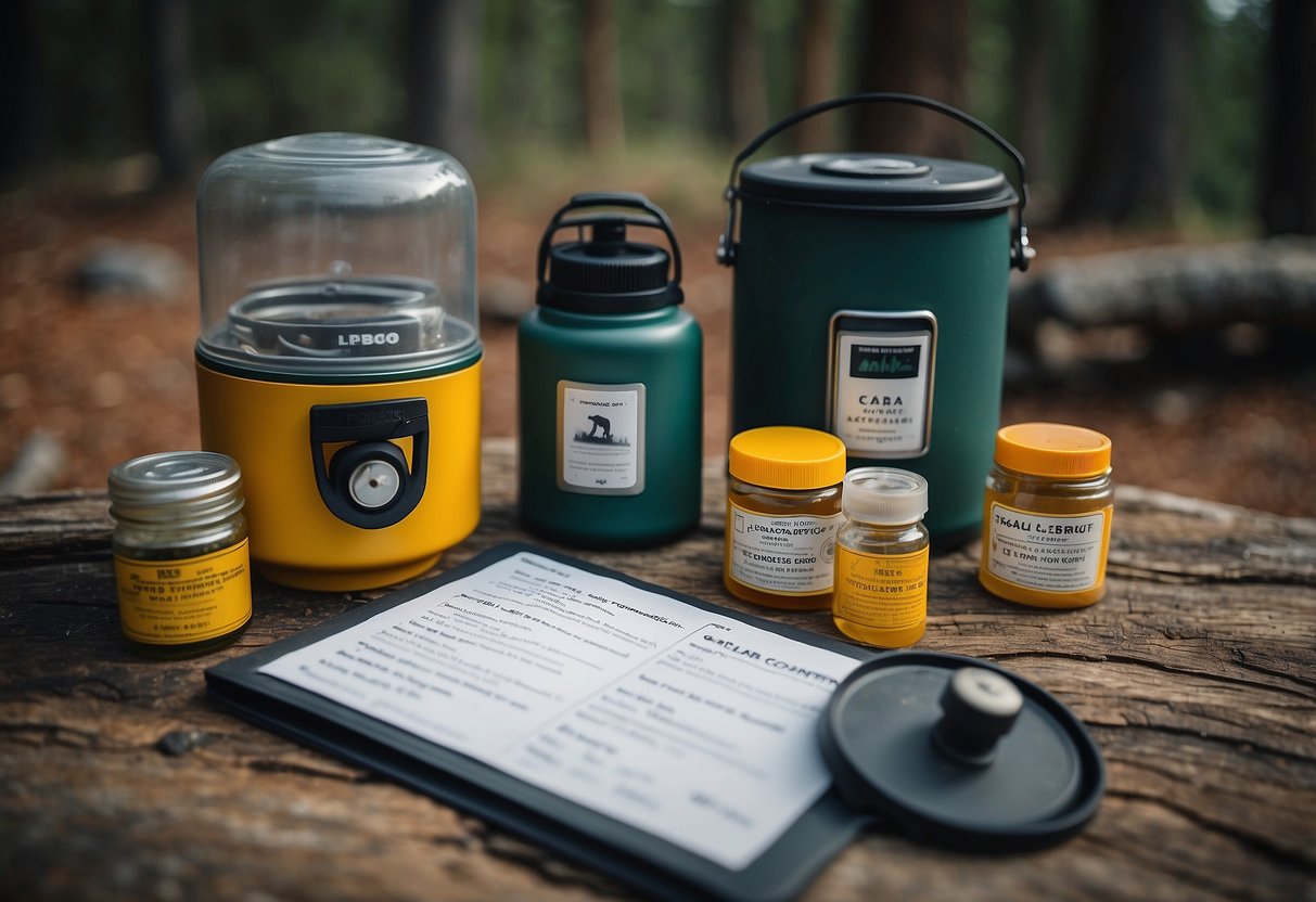 A campsite with bear-proof food storage, bear bells, and bear spray displayed alongside a list of safety tips for camping in bear country