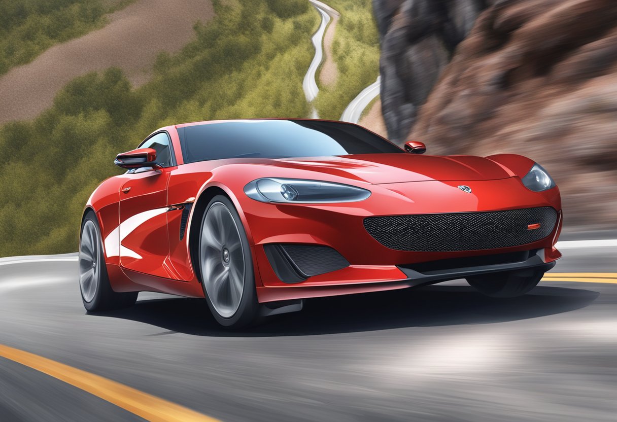 A red sports car with the license plate "kennzeichen vb" speeding down a winding mountain road