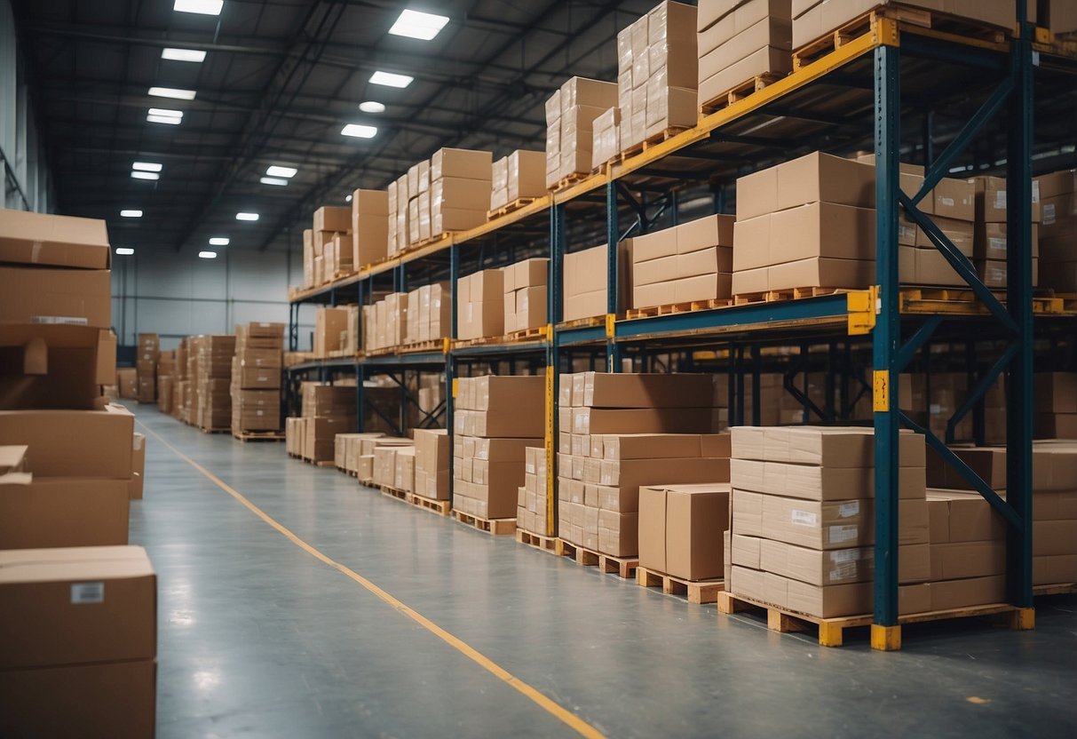 A warehouse filled with stacks of wholesale furniture legs in various shapes, sizes, and materials, neatly organized on shelves and racks