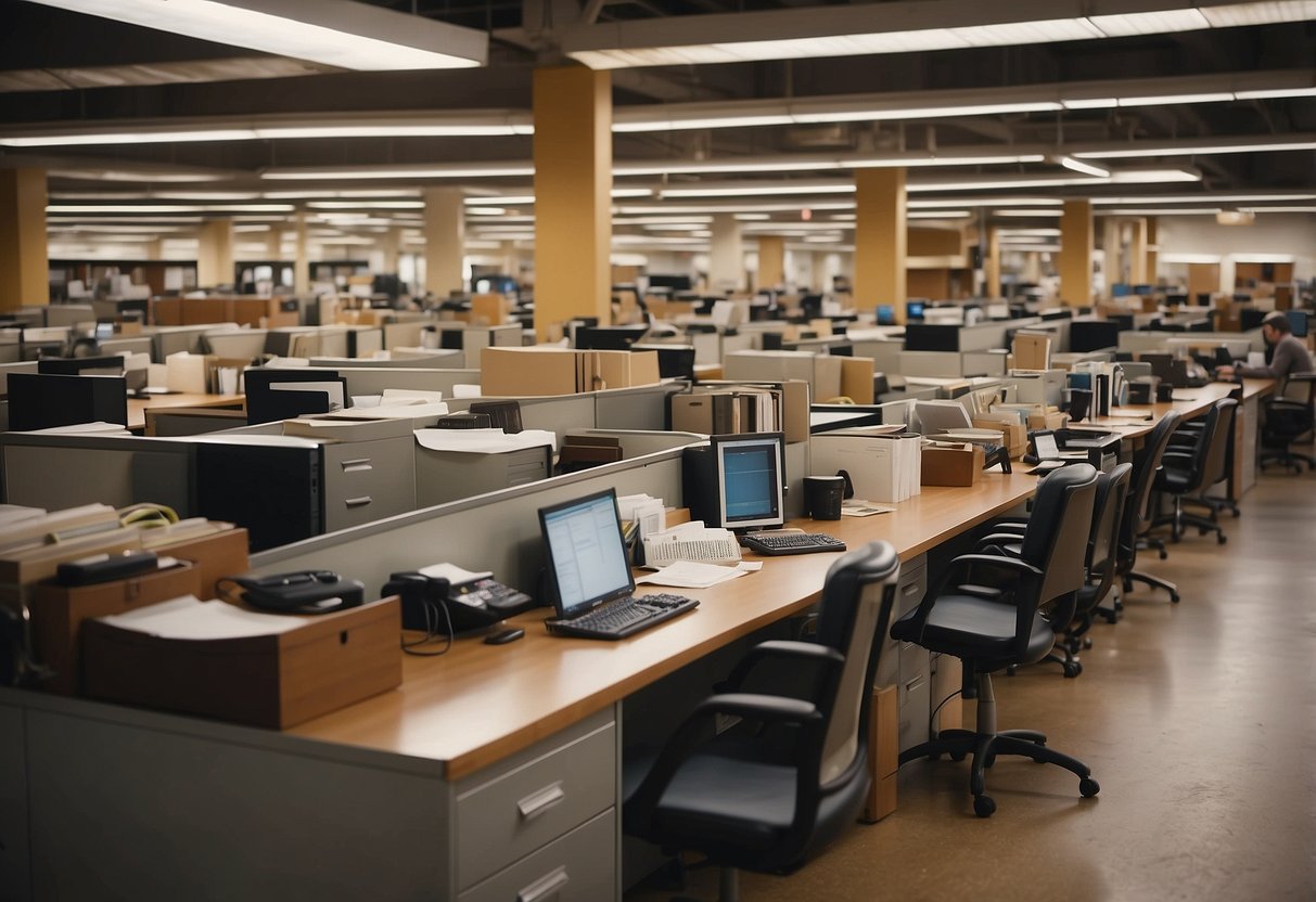 A bustling marketplace with rows of desks, chairs, and filing cabinets. Signs advertise "Used Office Furniture for Sale" and customers browse the selection