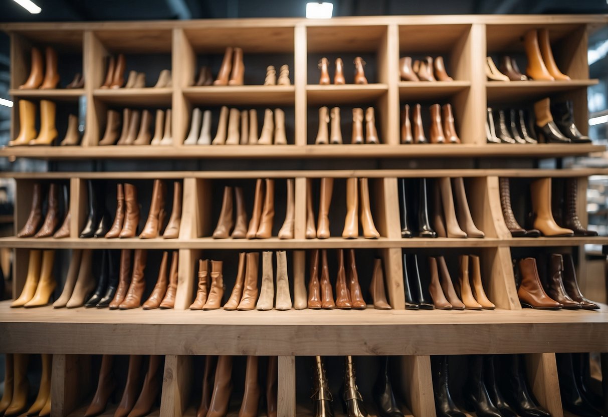 A variety of wholesale furniture legs displayed on shelves, with different styles, sizes, and materials. Bright lighting highlights the details of each leg