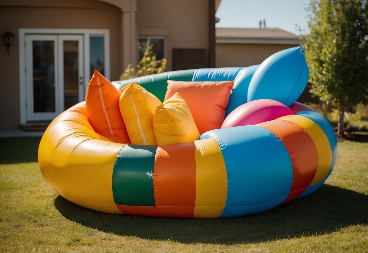 A colorful inflatable furniture set placed in a sunny backyard, with a target board set up in the background