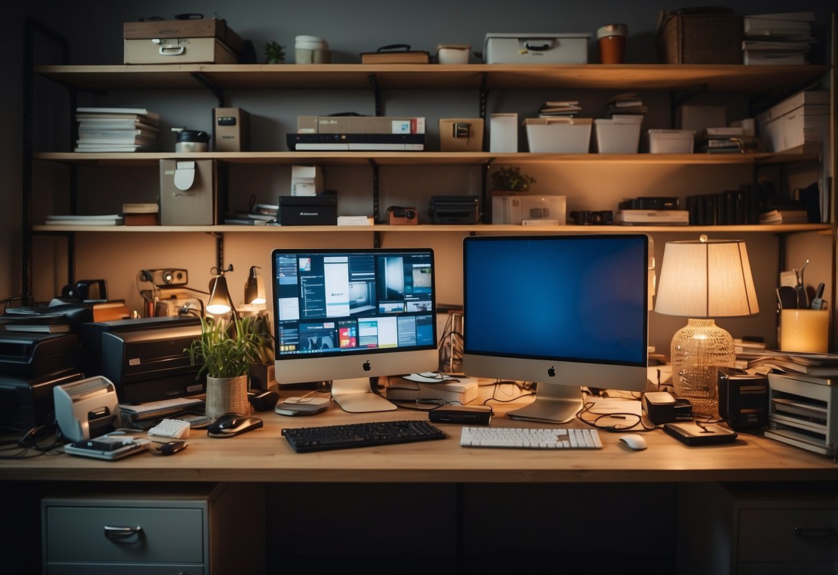 A cluttered office space with shelves of old furniture. Online platforms like eBay and Facebook Marketplace displayed on a computer screen