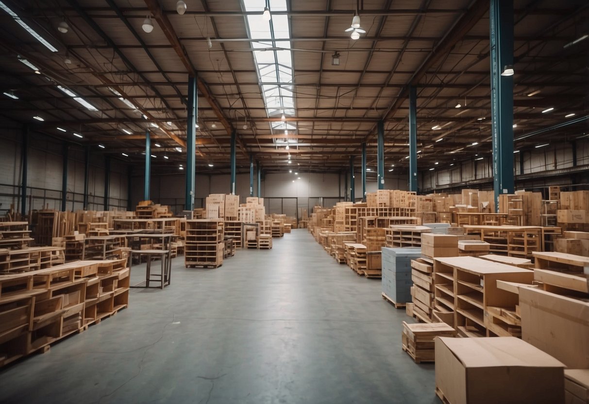 A warehouse filled with various styles and sizes of furniture legs, with a display of customisation options for wholesale purchase