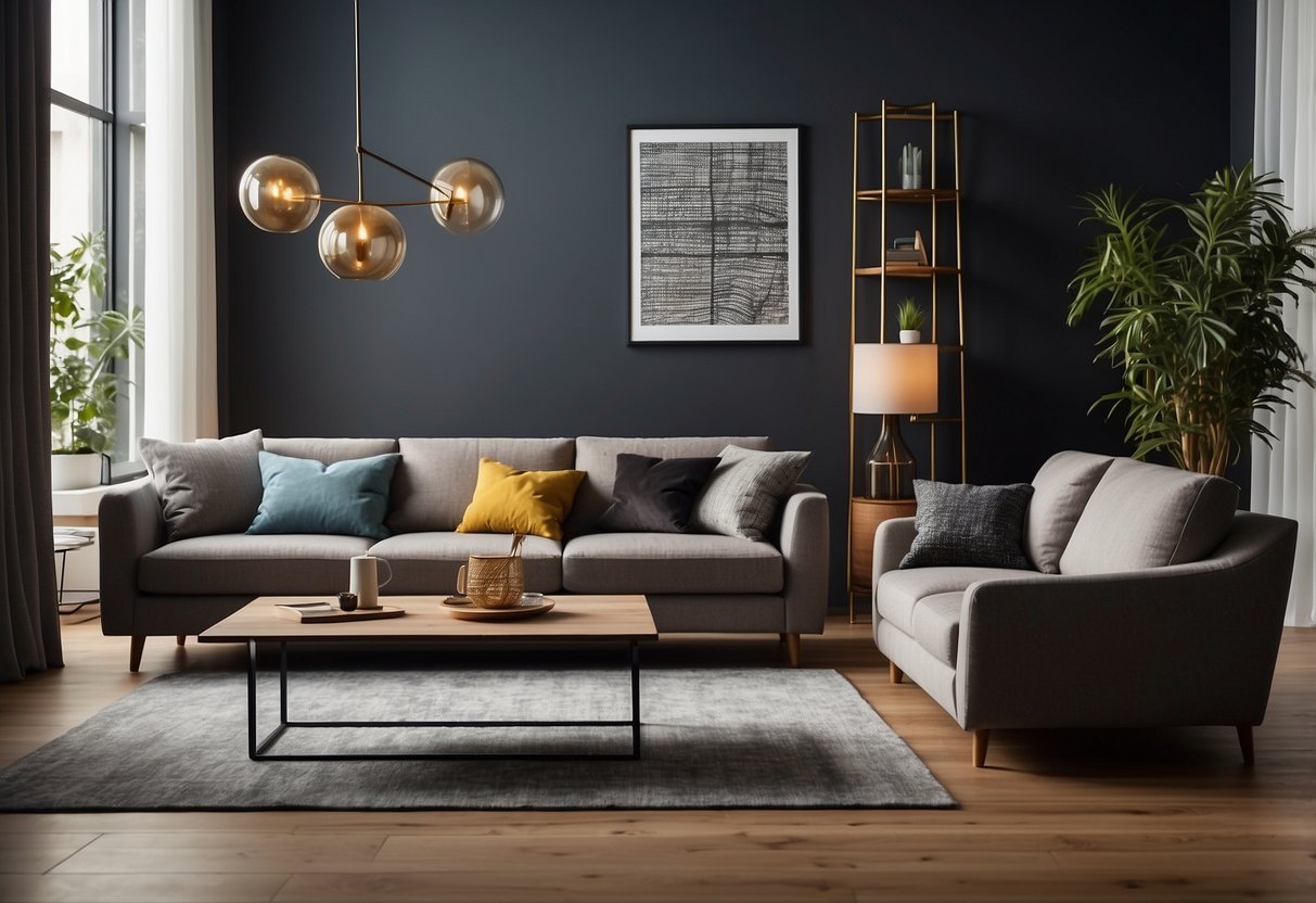 Two modern couches in a spacious living room with a coffee table and a floor lamp