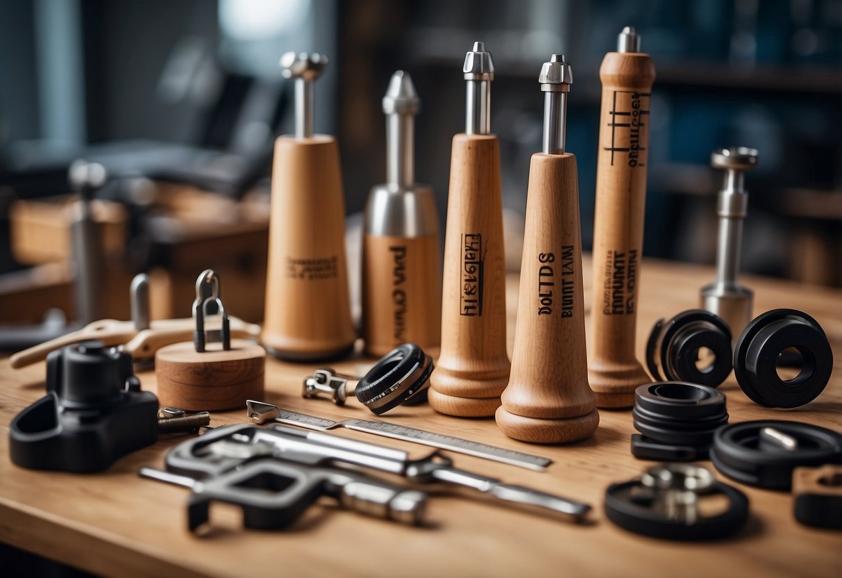 A stack of wooden furniture legs with "Frequently Asked Questions" printed on a label, surrounded by various tools and measuring equipment