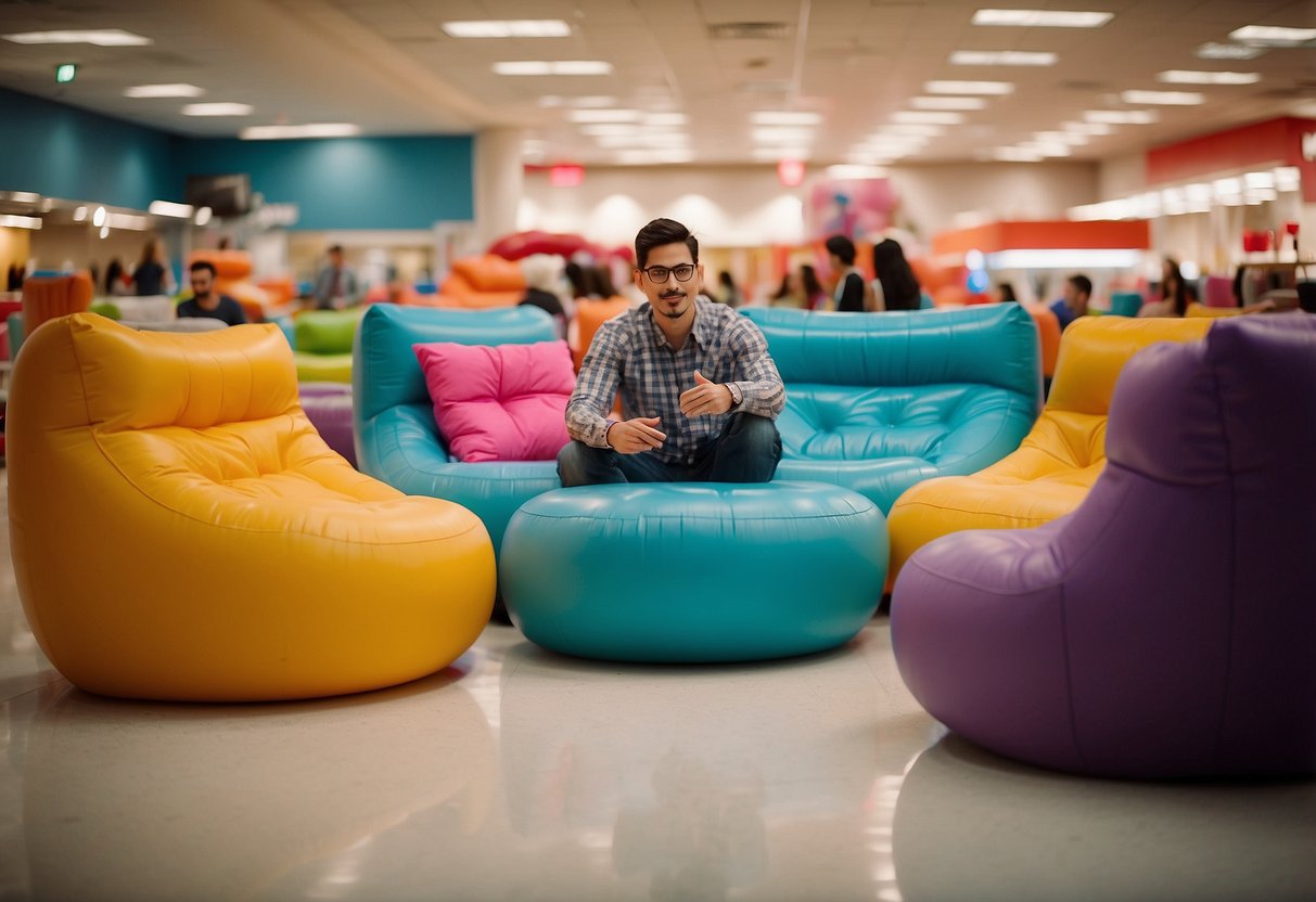 A person exploring inflatable furniture at Target, surrounded by colorful chairs, sofas, and ottomans