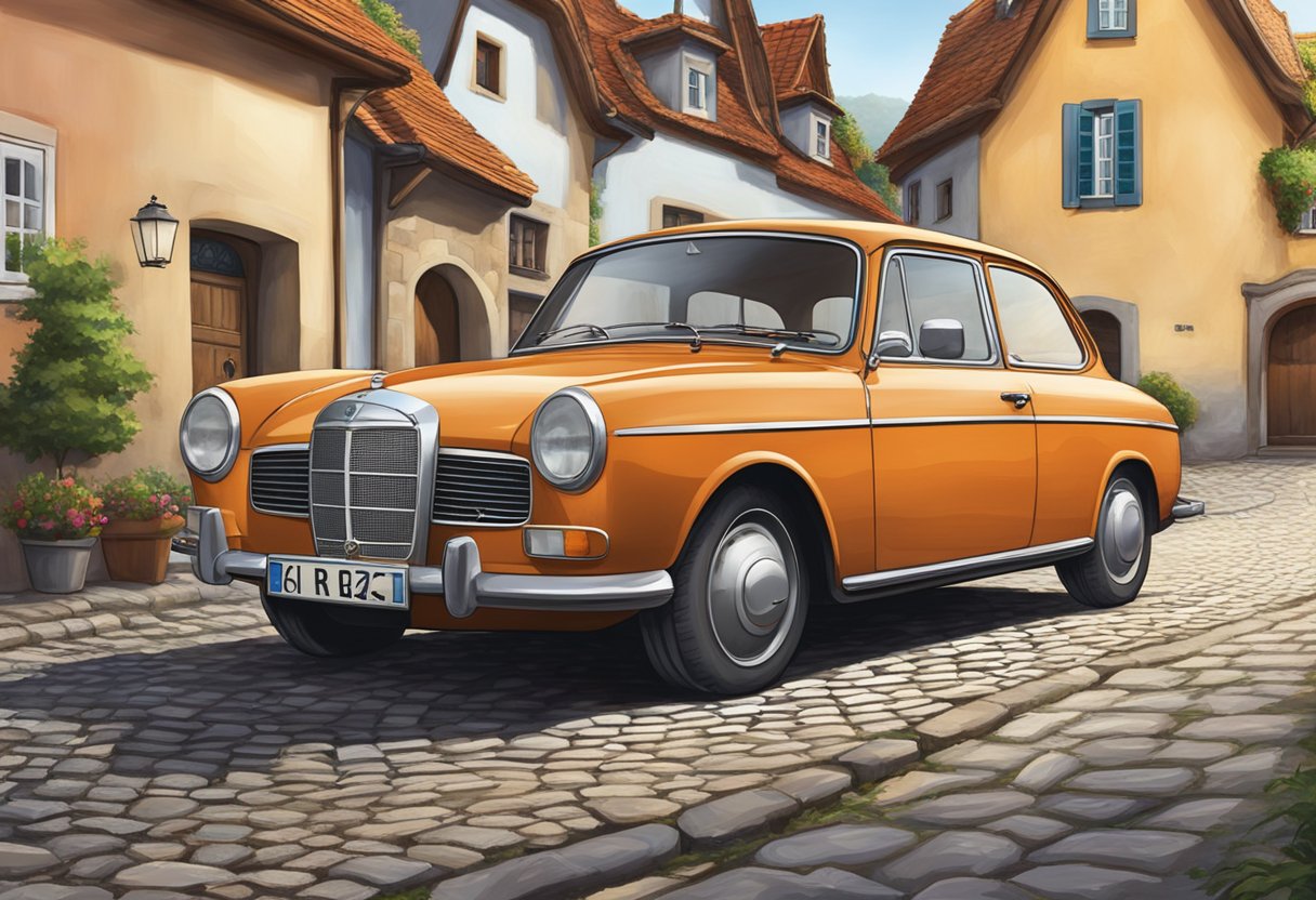 A German car with a RÜD license plate parked on a cobblestone street in a picturesque European village