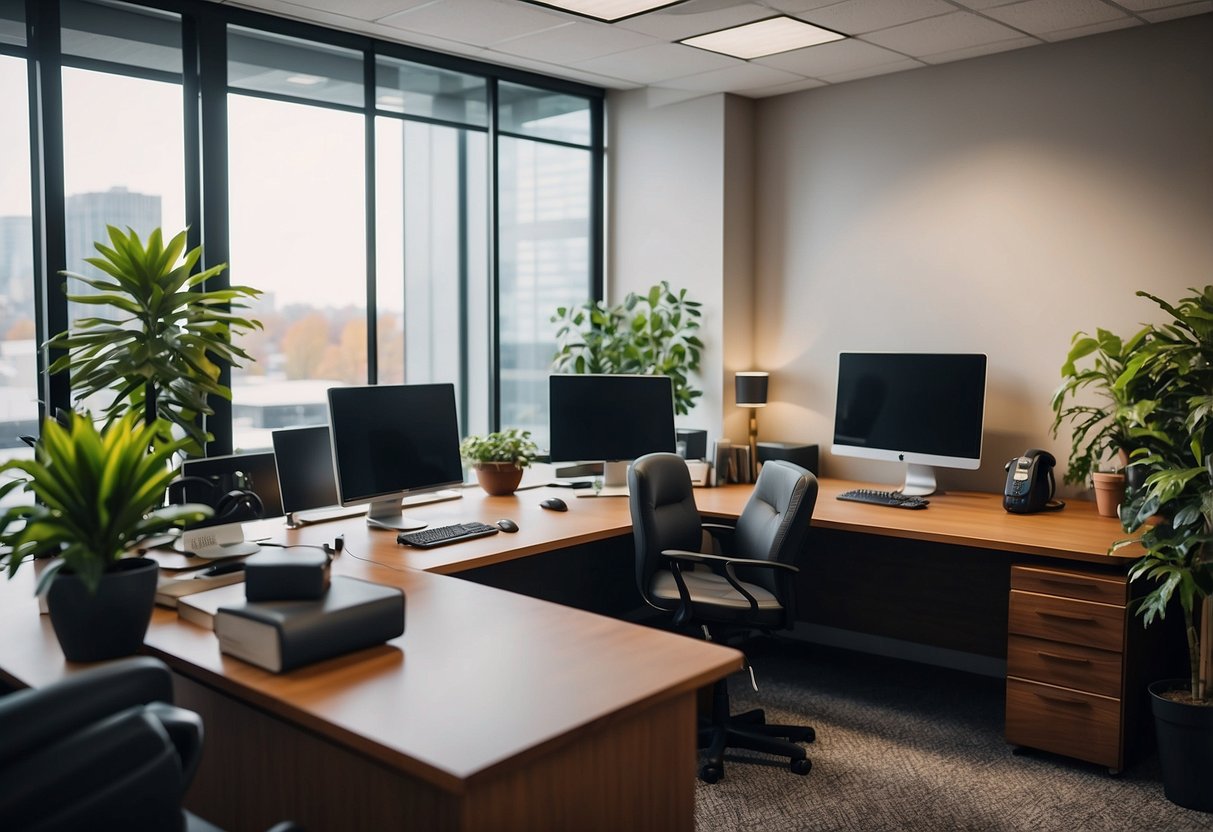 A well-organized office space with neatly arranged used furniture, clear price tags, and a welcoming atmosphere. Online listings and social media promotion visible