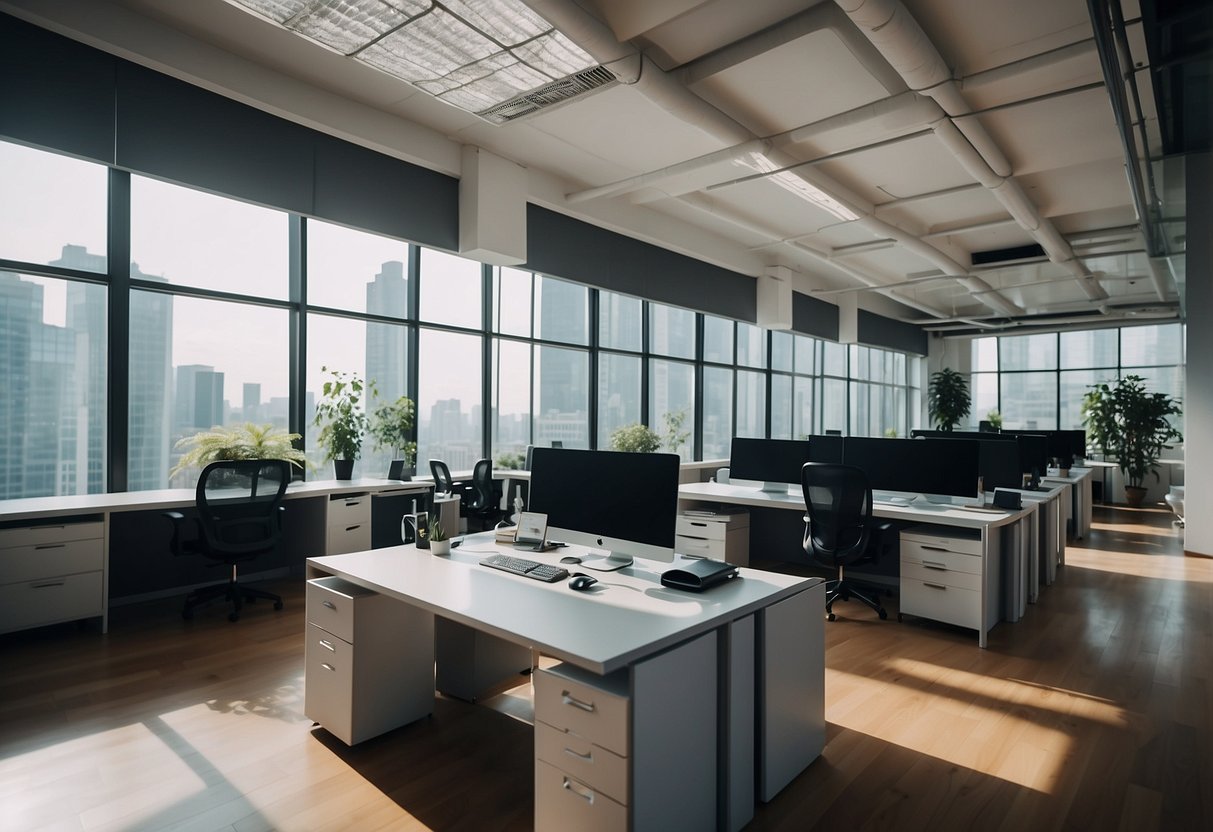 A modern office space with sleek desks, ergonomic chairs, and stylish storage units from Lazada. Brightly lit with large windows and a minimalist design aesthetic