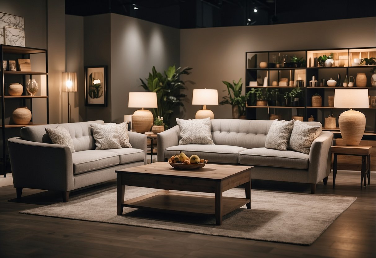 A cozy living room with various styles of couches displayed in a well-lit showroom at OK Furniture