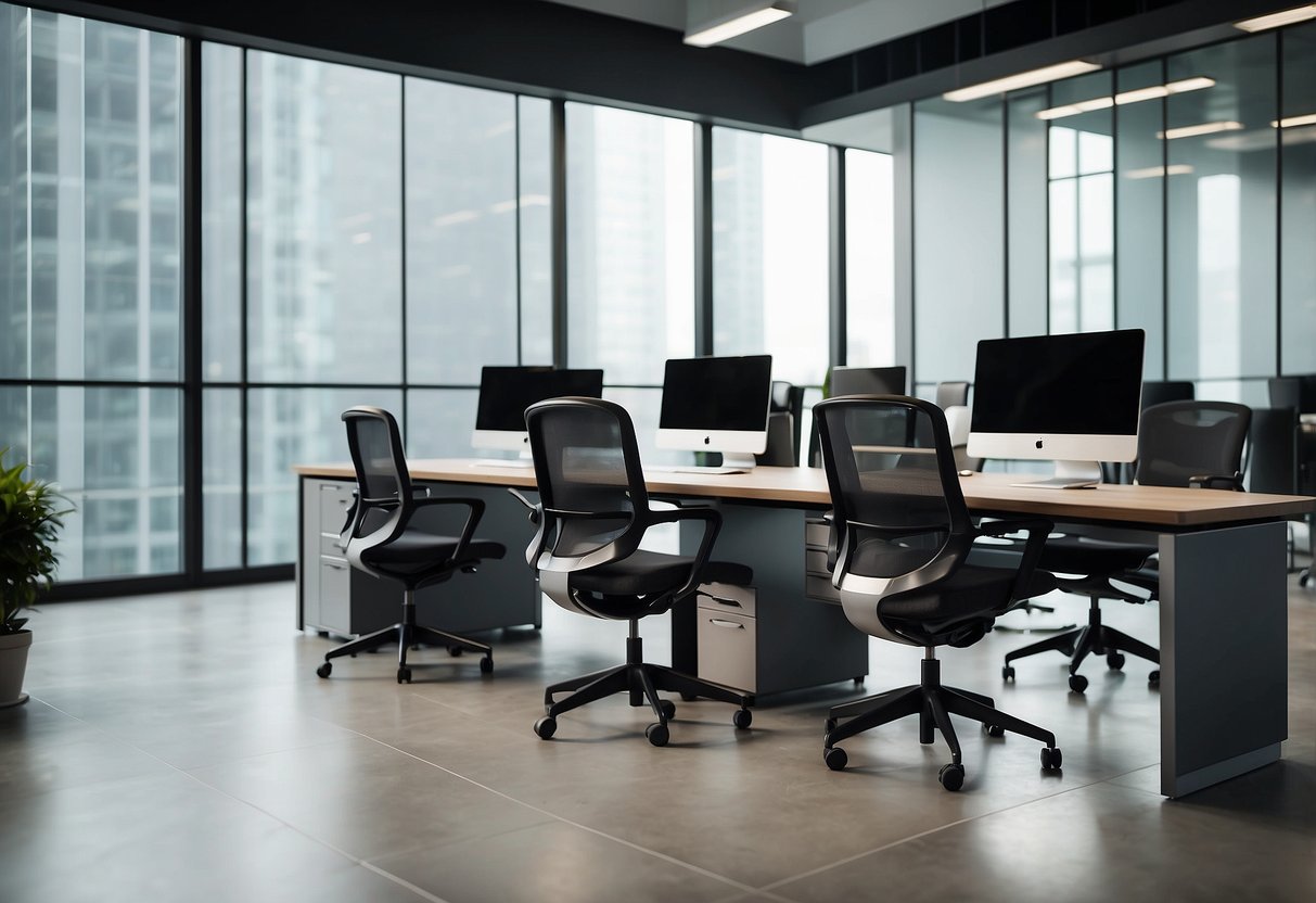 A modern office space with sleek desks, ergonomic chairs, and stylish storage solutions from Lazada's office furniture range