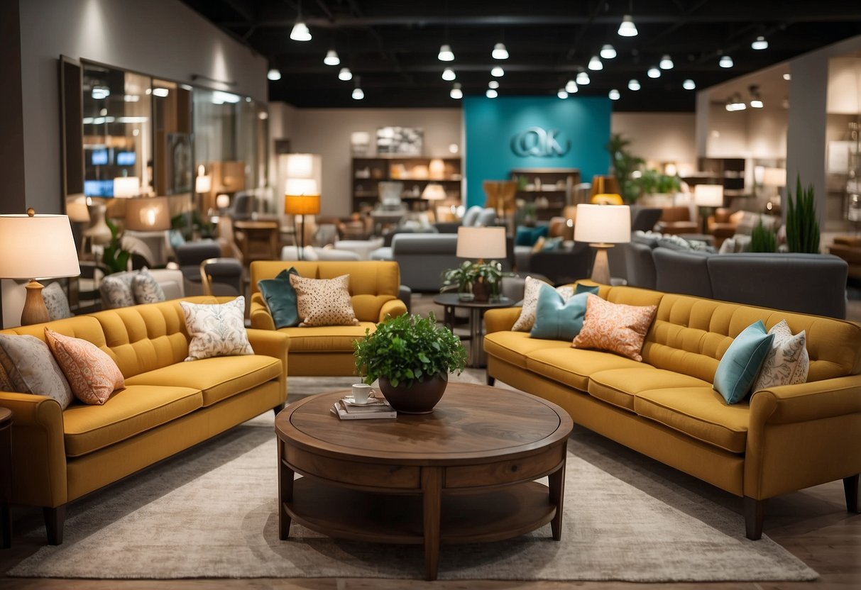 Customers browse through a showroom filled with stylish couches at OK Furniture. Bright lighting and colorful displays create an inviting atmosphere