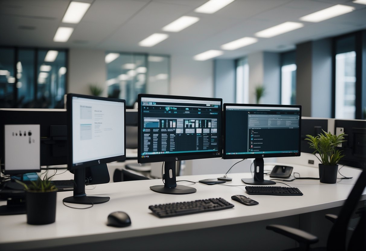 A modern office space with sleek, ergonomic furniture, bright lighting, and a clutter-free layout. Computer monitors and office supplies neatly organized on desks