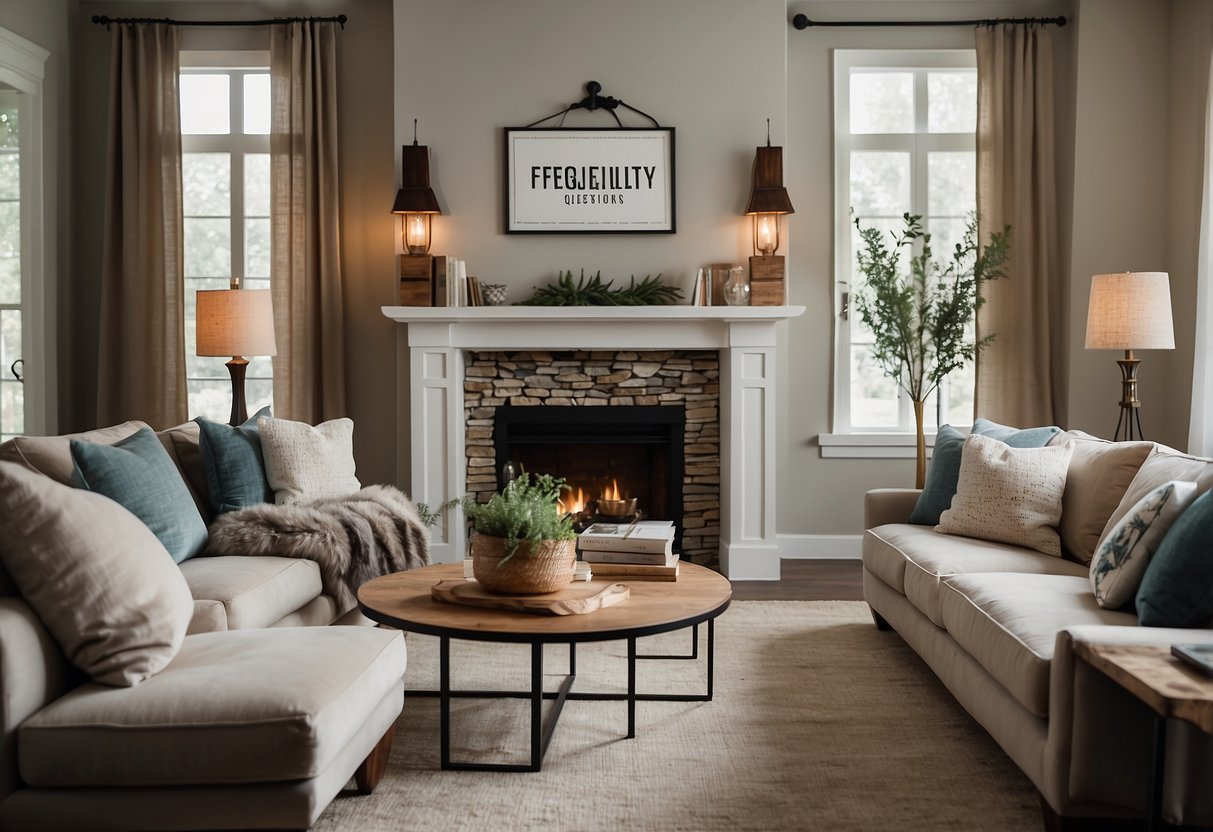 A cozy living room with various stylish couches arranged neatly, with a sign reading "Frequently Asked Questions" in the background