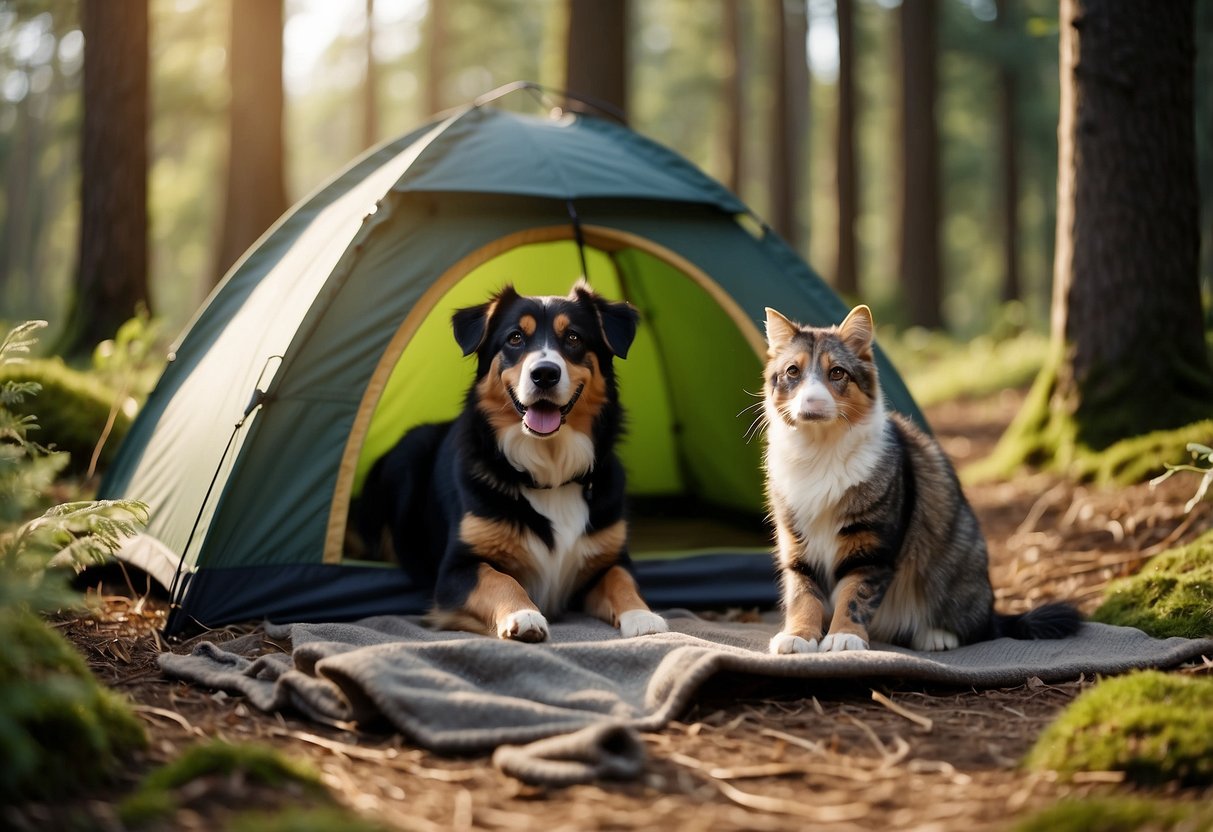 Pets and owners pitch a tent in a forest clearing. Dog bowls and leashes lay nearby. A cat lounges on a blanket while a dog eagerly explores the surroundings