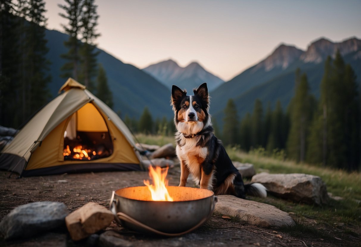 A dog sits by a crackling campfire, surrounded by a tent, pet-friendly signs, and a water bowl. Trees and mountains loom in the background