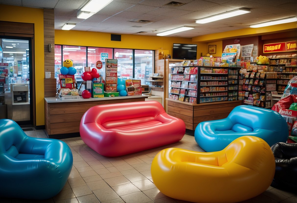 A colorful display of inflatable furniture at a convenience store, with signs advertising special offers
