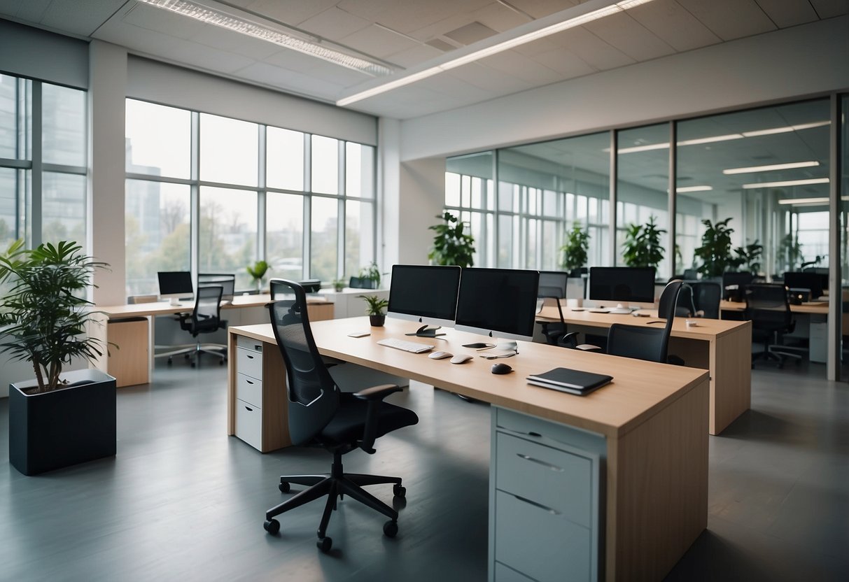 A modern office with sleek desks, ergonomic chairs, and stylish storage units. Bright, open space with natural light and a clean, minimalist design