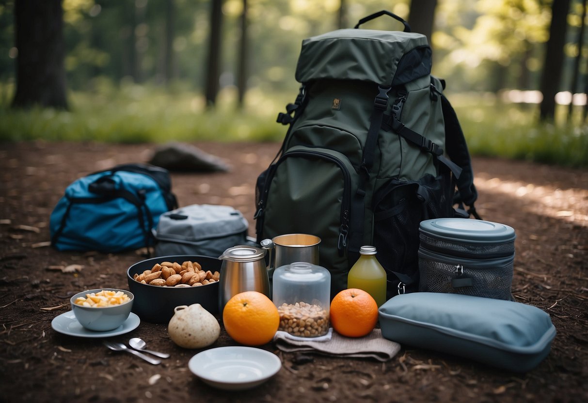 A packed backpack with food and water, pet bowls, and a leash laid out on the ground next to a tent and camping gear