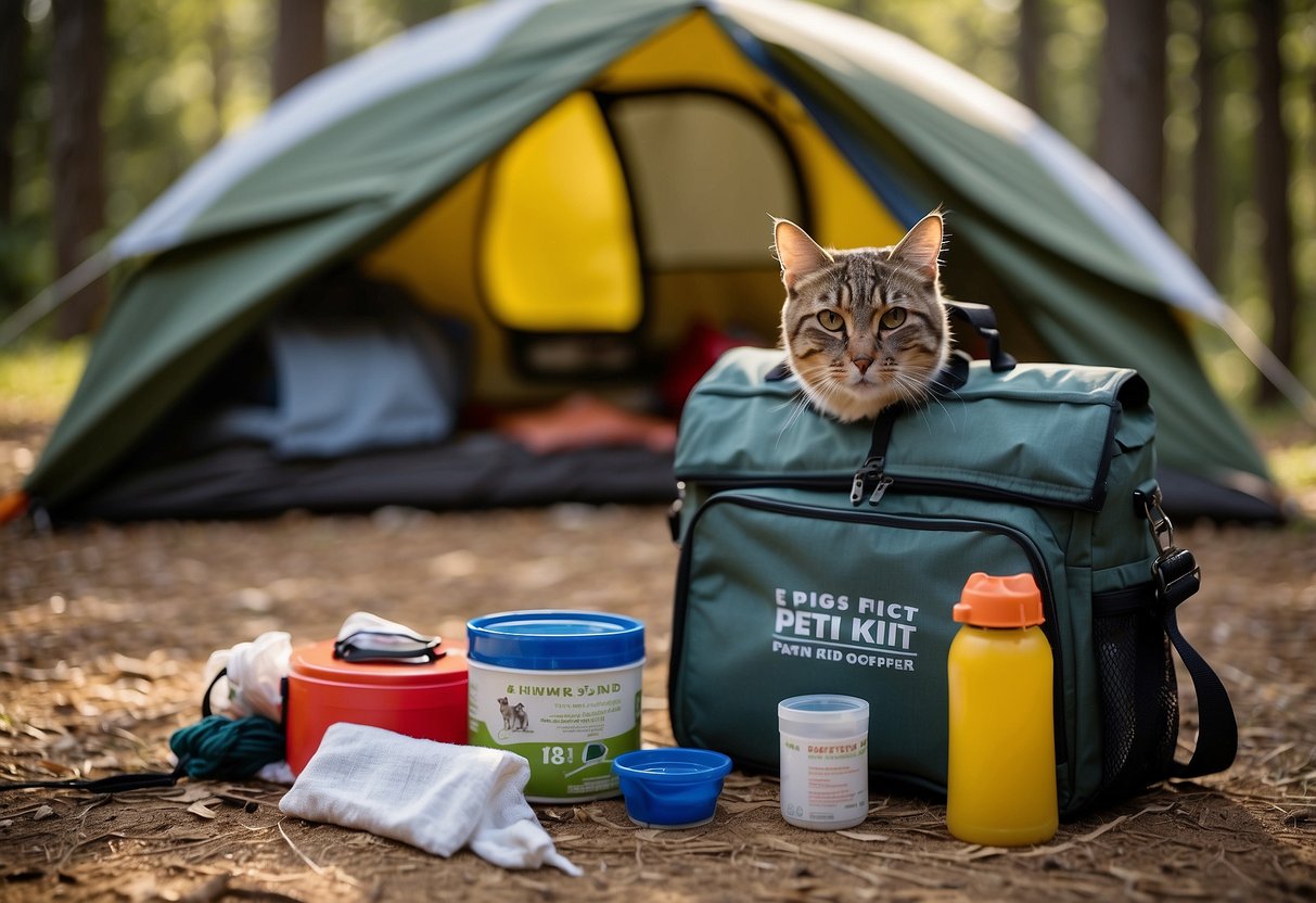 A pet first-aid kit sits open on the ground beside a camping tent, surrounded by a leash, pet food, and water bowls