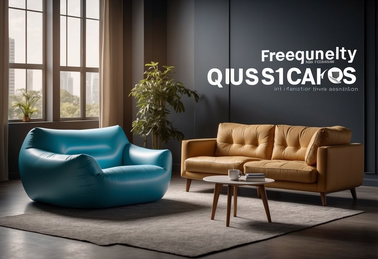 An inflatable chair, table, and sofa arranged in a modern living room setting with a "Frequently Asked Questions" banner above