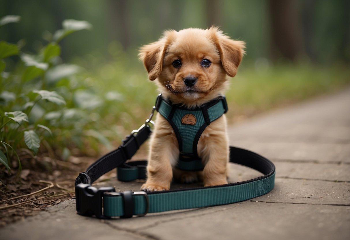 A sturdy leash and harness lay on the ground, ready for a pet's outdoor adventure