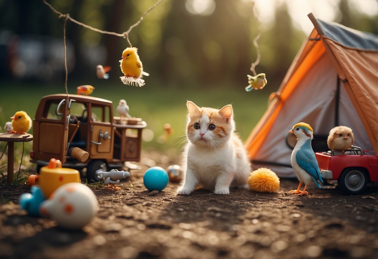 Toys scattered around a campsite, a dog playing with a ball, a cat batting at a feather toy, a bird chirping in a cage, a hamster running on a wheel