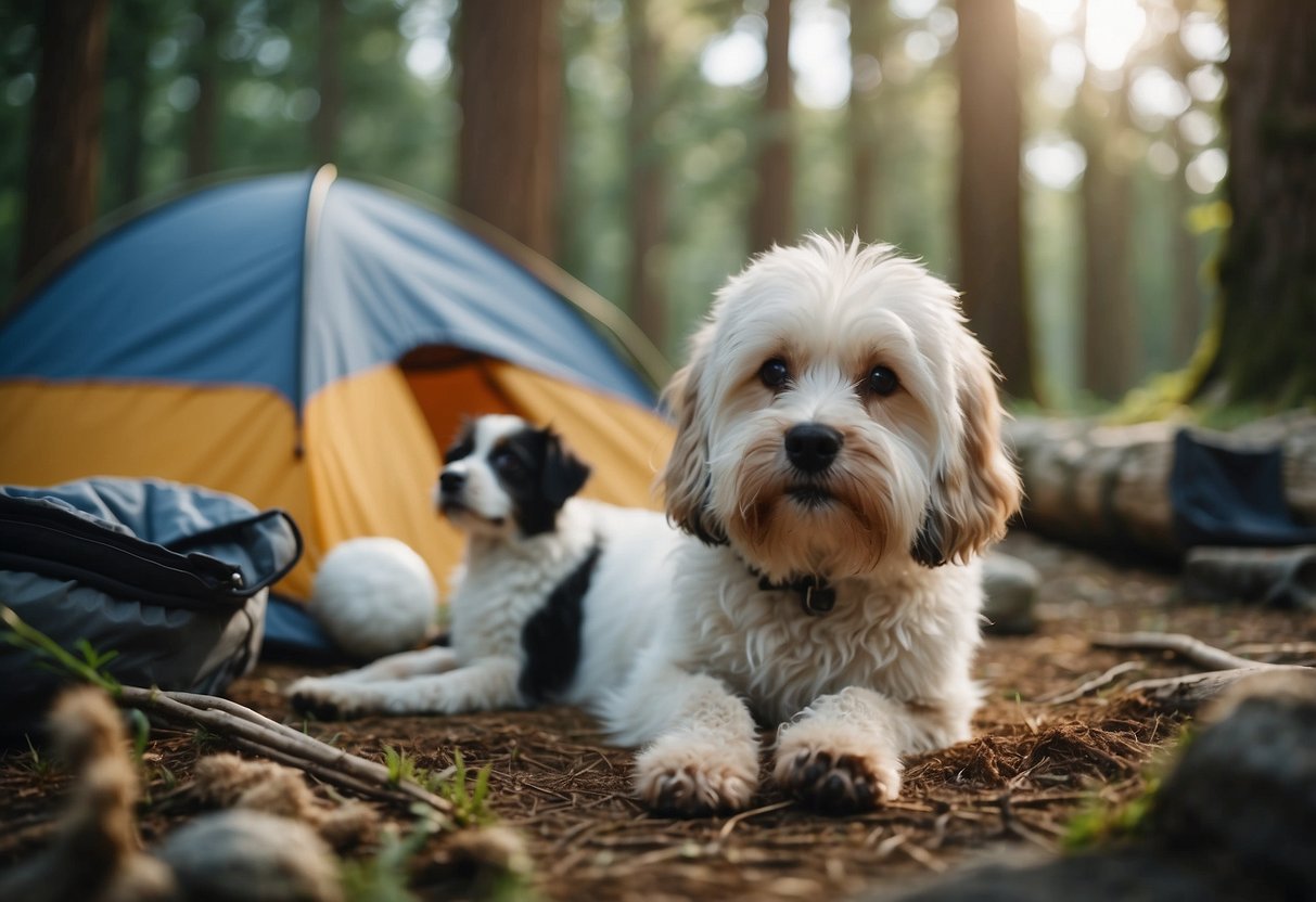 Pets gather around a campsite with a tent, campfire, and various outdoor gear. A dog rests on a cozy bed while a cat explores the surrounding nature