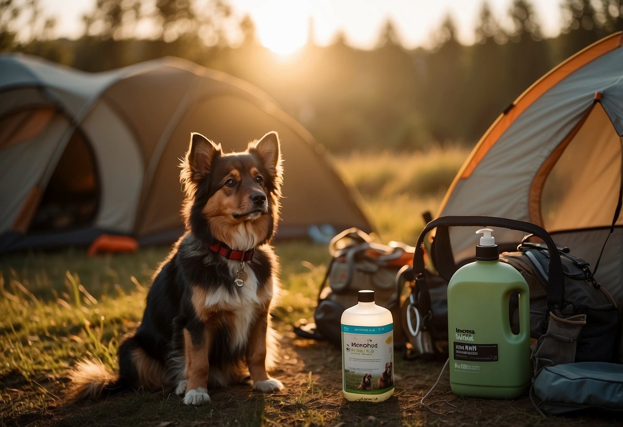 A dog sits by a tent, surrounded by camping gear. A leash, water bowl, and pet-friendly bug spray are laid out nearby. The sun is setting, casting a warm glow over the scene