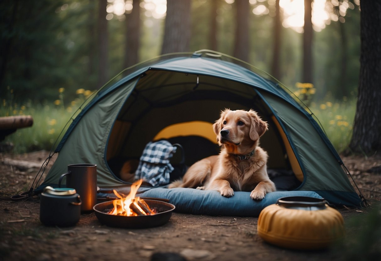 A cozy campsite with a tent, pet bed, and food bowls. A dog and cat relax nearby while their owners prepare a campfire