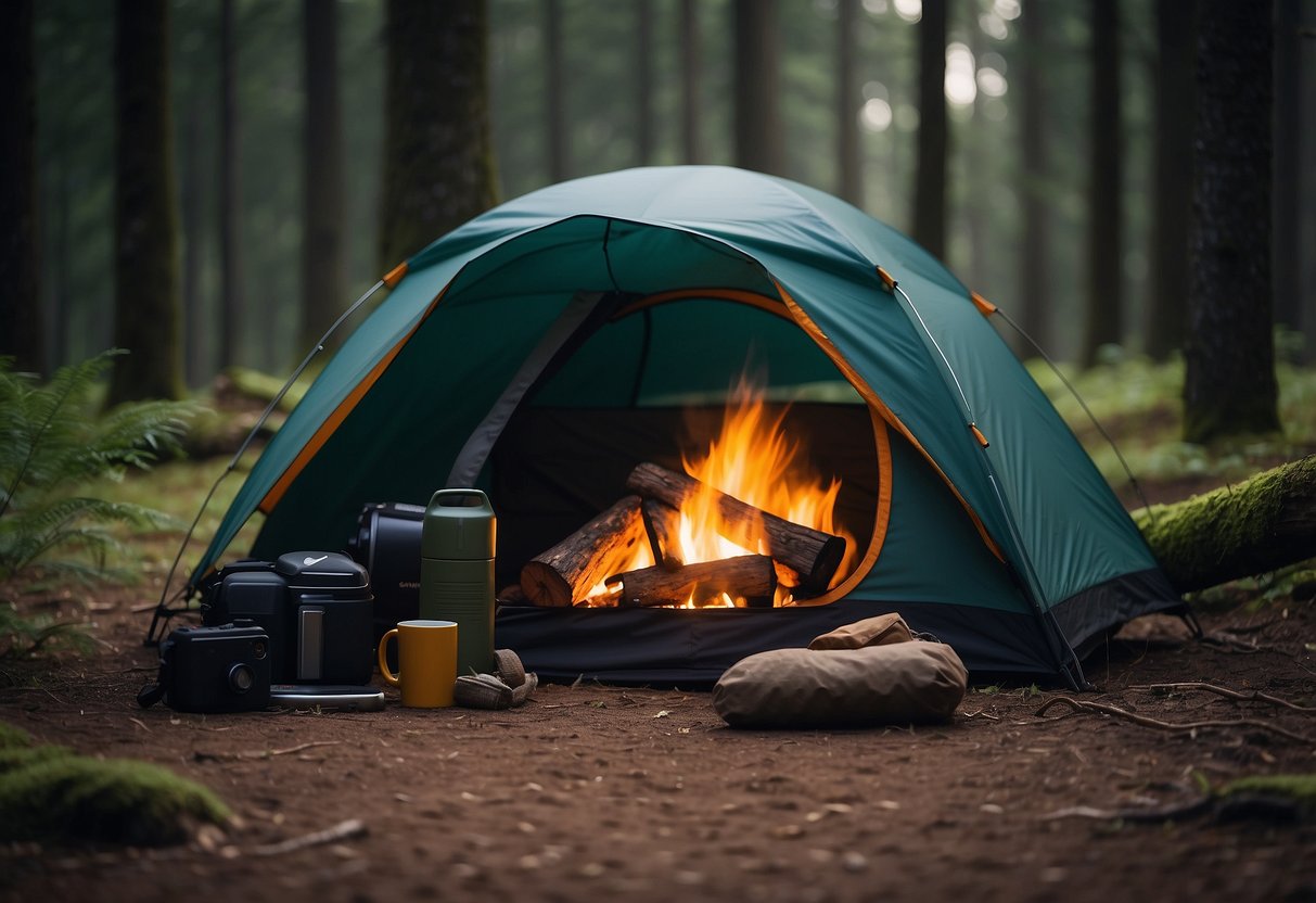 A tent pitched in a serene forest clearing, with a campfire crackling and a set of camping gear laid out neatly nearby