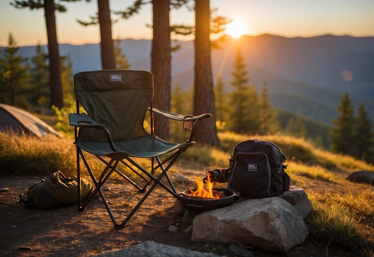 A sturdy REI Co-op Camp Chair sits by a crackling campfire, surrounded by a tent, backpack, and hiking boots. The sun sets in the background, casting a warm glow over the peaceful scene