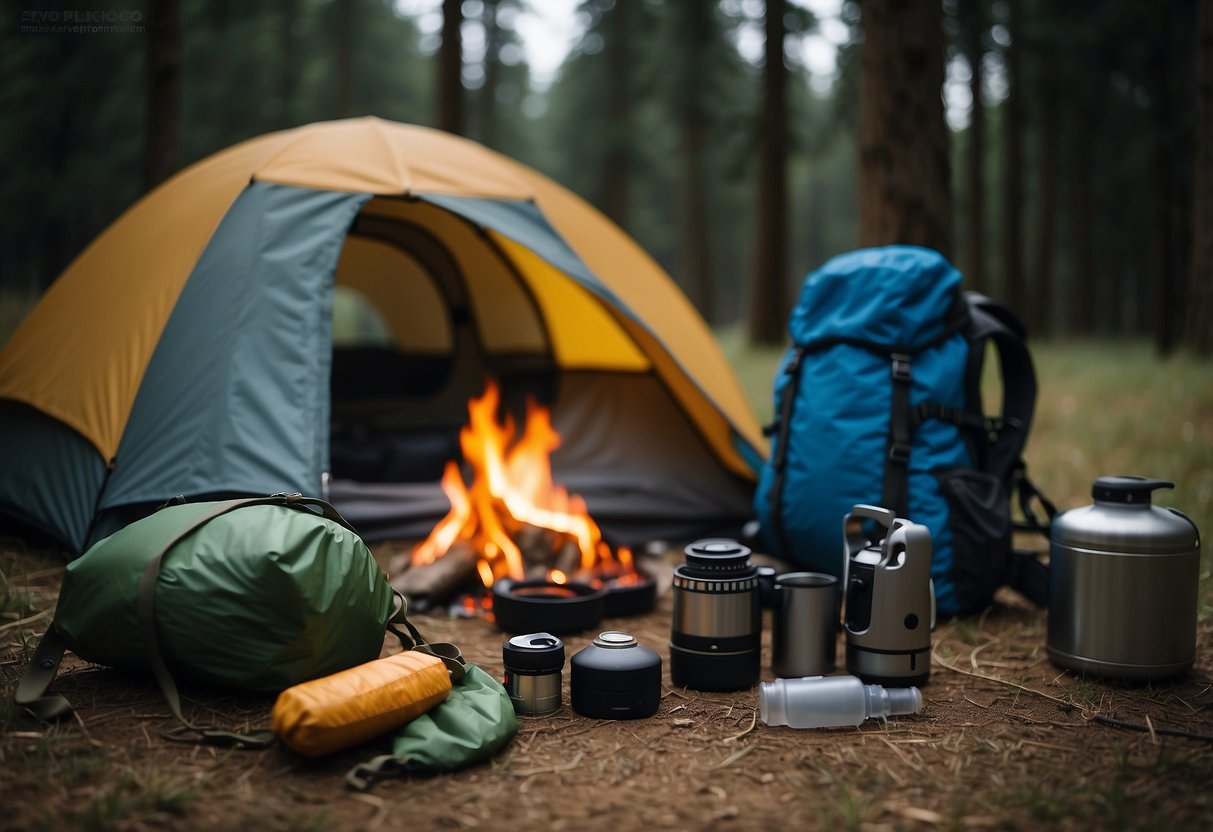 A tent being set up with a sleeping bag and camping stove nearby. A backpack and flashlight are laid out on the ground