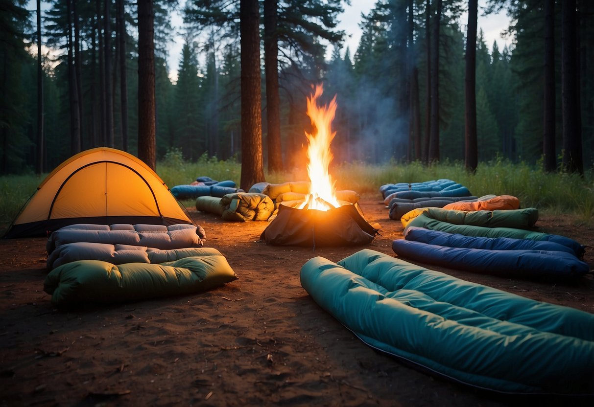 A campsite with 10 different sleeping bags laid out in a row, surrounded by trees and a glowing campfire