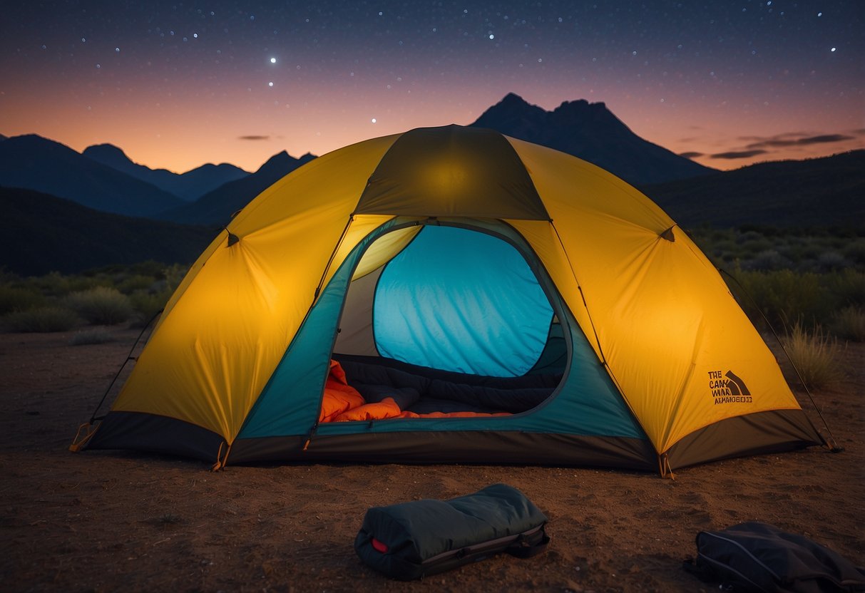 A colorful tent sits beneath a starry night sky, with a Mountain Hardwear Lamina 30 sleeping bag unzipped and spread out on the ground, ready for a cozy night of camping