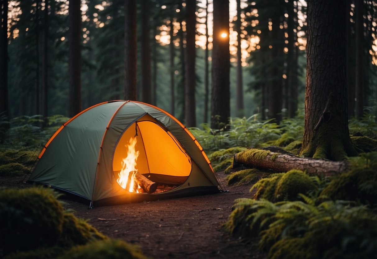 A tent pitched in a serene forest clearing, with a Kelty Cosmic 20 sleeping bag laid out inside. A campfire burns nearby, casting a warm glow over the scene