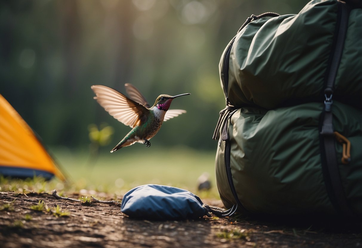 A hummingbird hovers near a Feathered Friends UL 30 sleeping bag, surrounded by camping gear