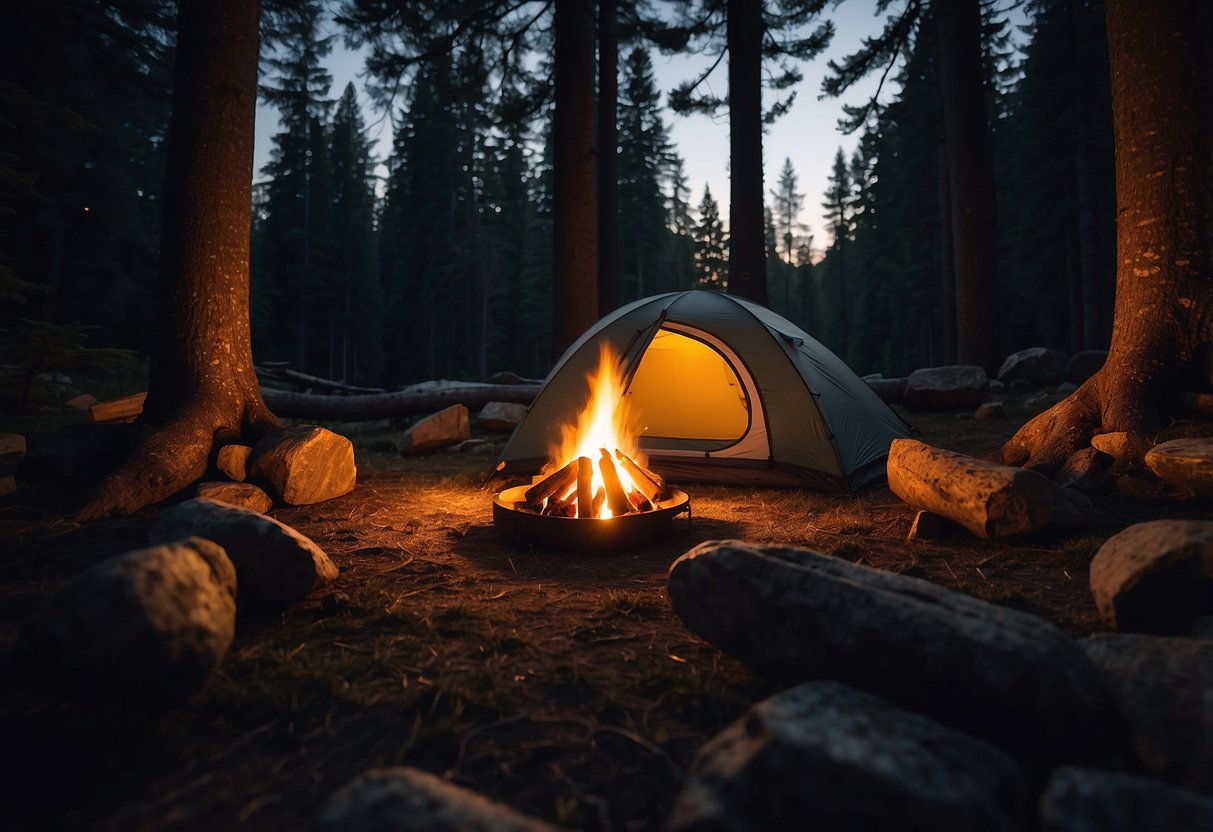 A cozy campsite with a glowing campfire, surrounded by tall trees and a clear night sky, with a Sea to Summit Spark SPIII 10 sleeping bag laid out under the stars