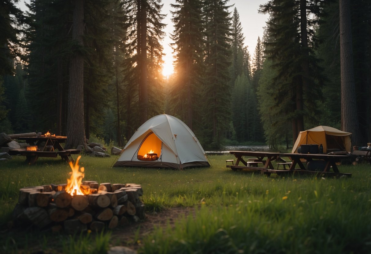 A serene campsite nestled among towering trees, with a crackling campfire and cozy tents set up on soft, green grass. A babbling stream runs nearby, and the sun sets in the distance