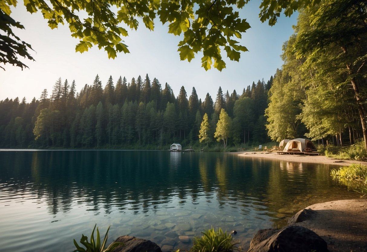 A campsite nestled near a serene body of water, surrounded by lush greenery and tall trees, with a clear view of the sparkling water