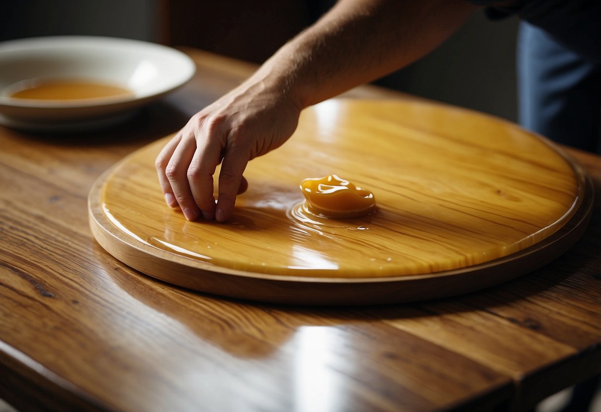 A hand applies wood furniture wax polish to a dining table, enhancing its shine and protecting the surface