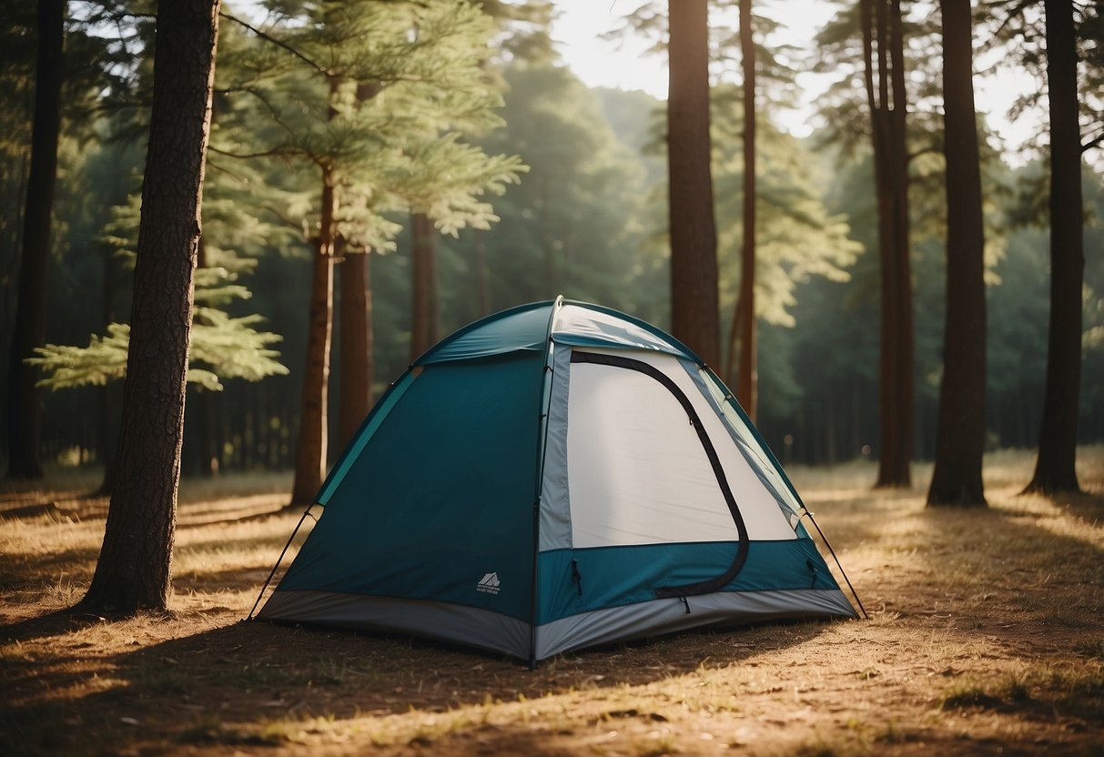 A tent pitched on flat ground surrounded by trees and a clear view of the sky