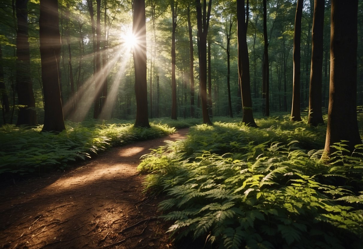 A serene forest clearing with dappled sunlight filtering through the leaves, casting varying shades on the ground. A mix of open space and tree cover provides options for setting up camp