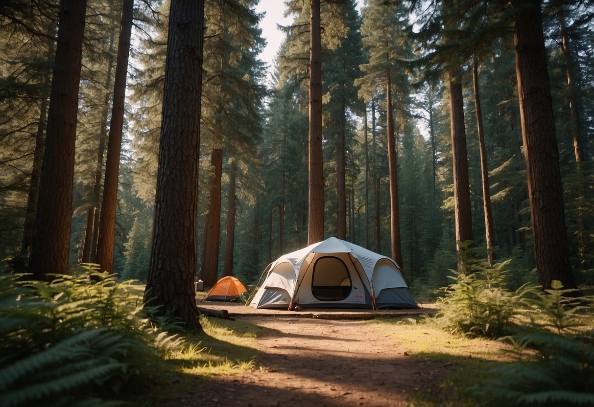 A secluded campsite nestled among tall trees, with a natural barrier to provide privacy from neighboring campers