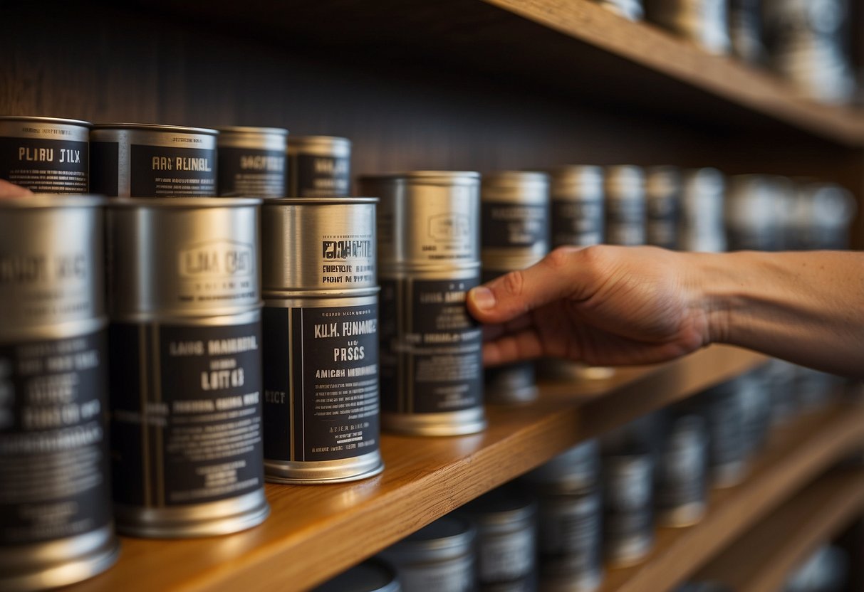A hand reaches for different wax cans on a shelf, next to a wooden table with a polished finish. Labels read "wood furniture wax polish."