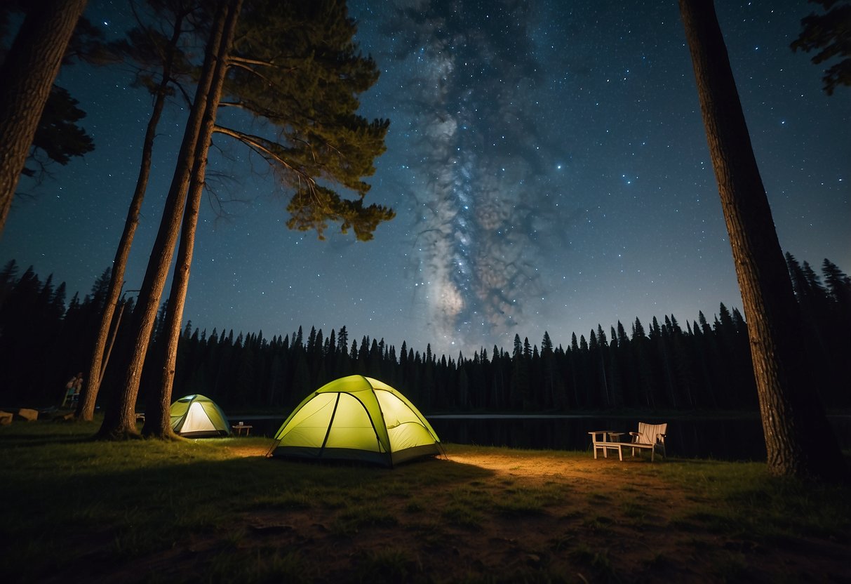 A serene campsite nestled among tall trees, with a natural windbreak and a clear view of the starry night sky