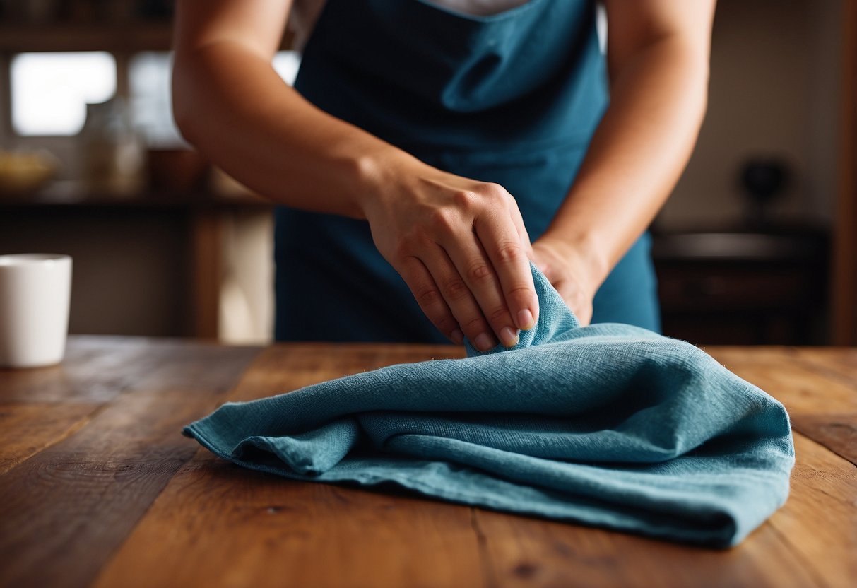 A hand holding a soft cloth applies wax to a wooden table, buffing it to a shine. A can of furniture wax sits nearby on the table