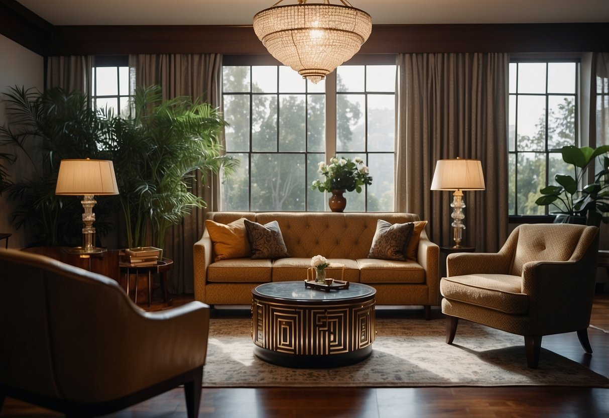 A 1930s living room with art deco furniture, geometric patterns, and rich colors. An elegant sofa, coffee table, and floor lamp complete the scene